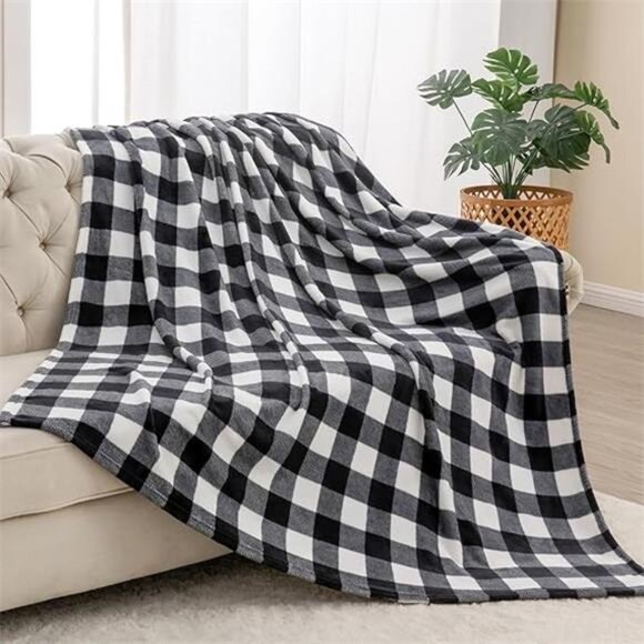 Plaid Fleece Throw Blanket for Couch, Black & White Checkered Flannel Blanket - Picture 7 of 7